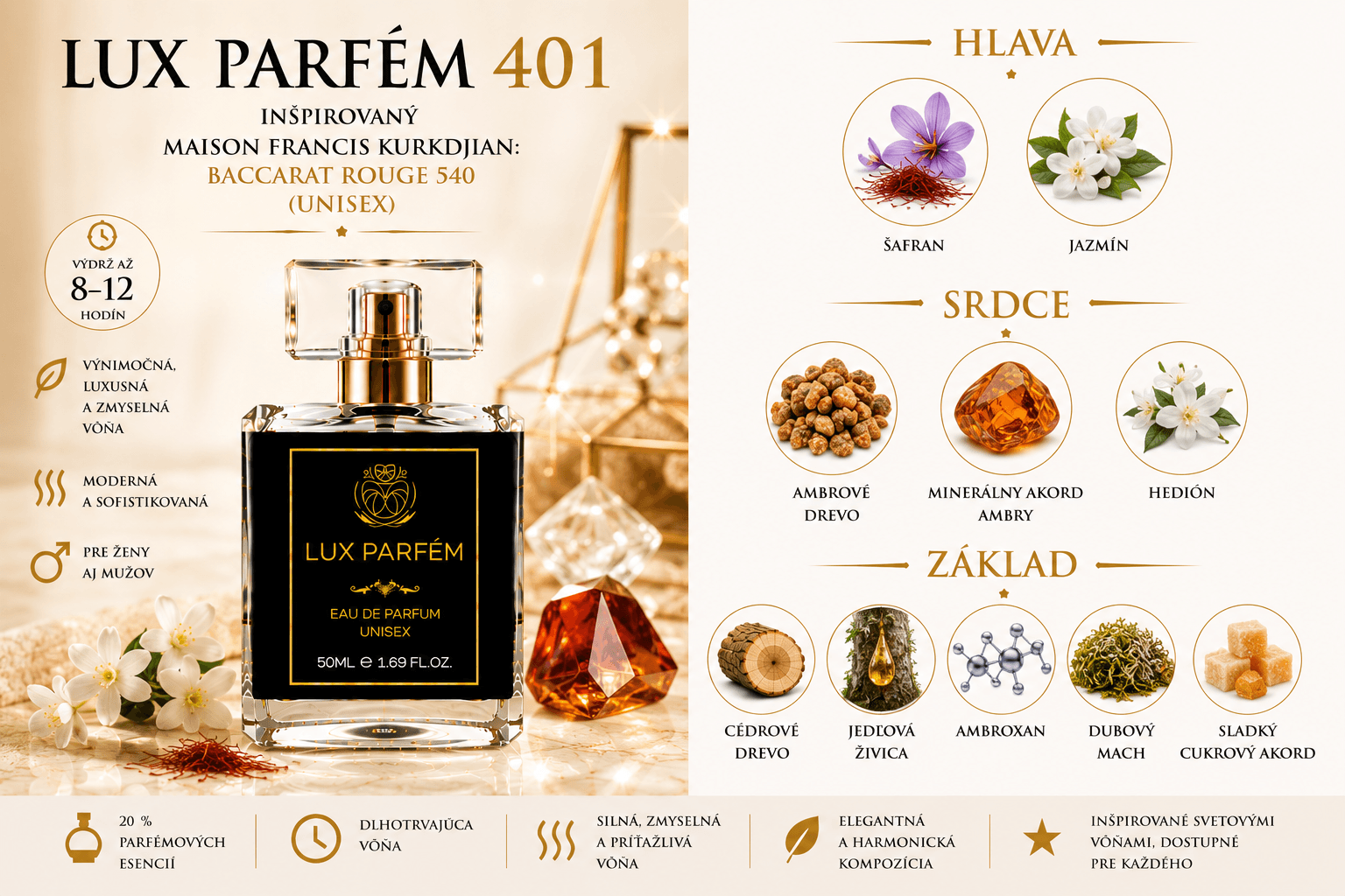 Lux Parfém 401 – Inšpirovaný Maison Francis Kurkdjian: Baccarat Rouge 540 (Unisex)